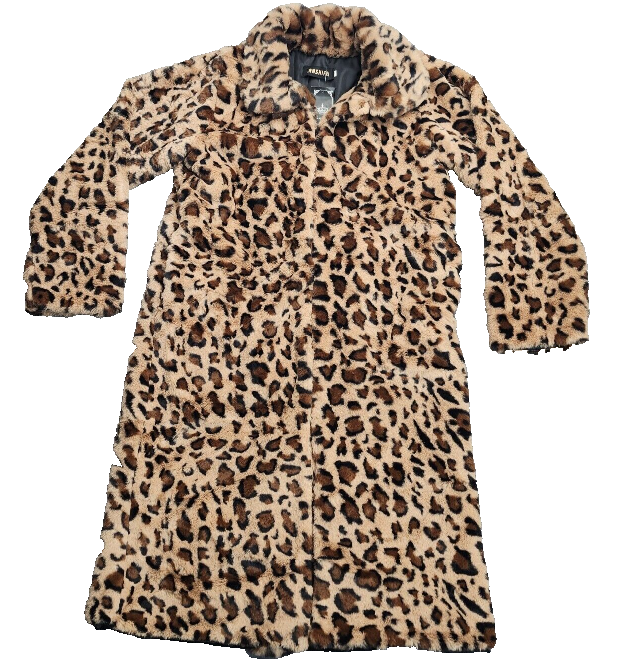 Women's Notch Collar Leopard Printed Faux Fur Long Jacket Medium