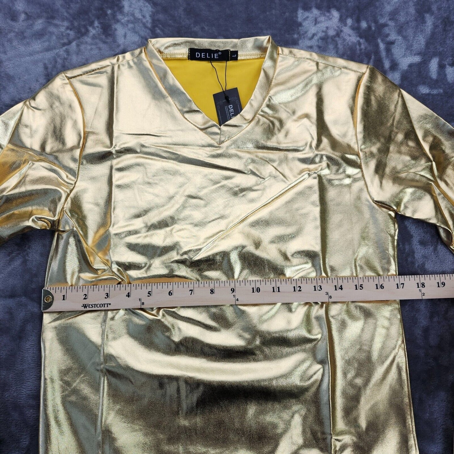 Men's Metallic T-Shirt Round Neck Long Sleeve Shining Disco Golden L