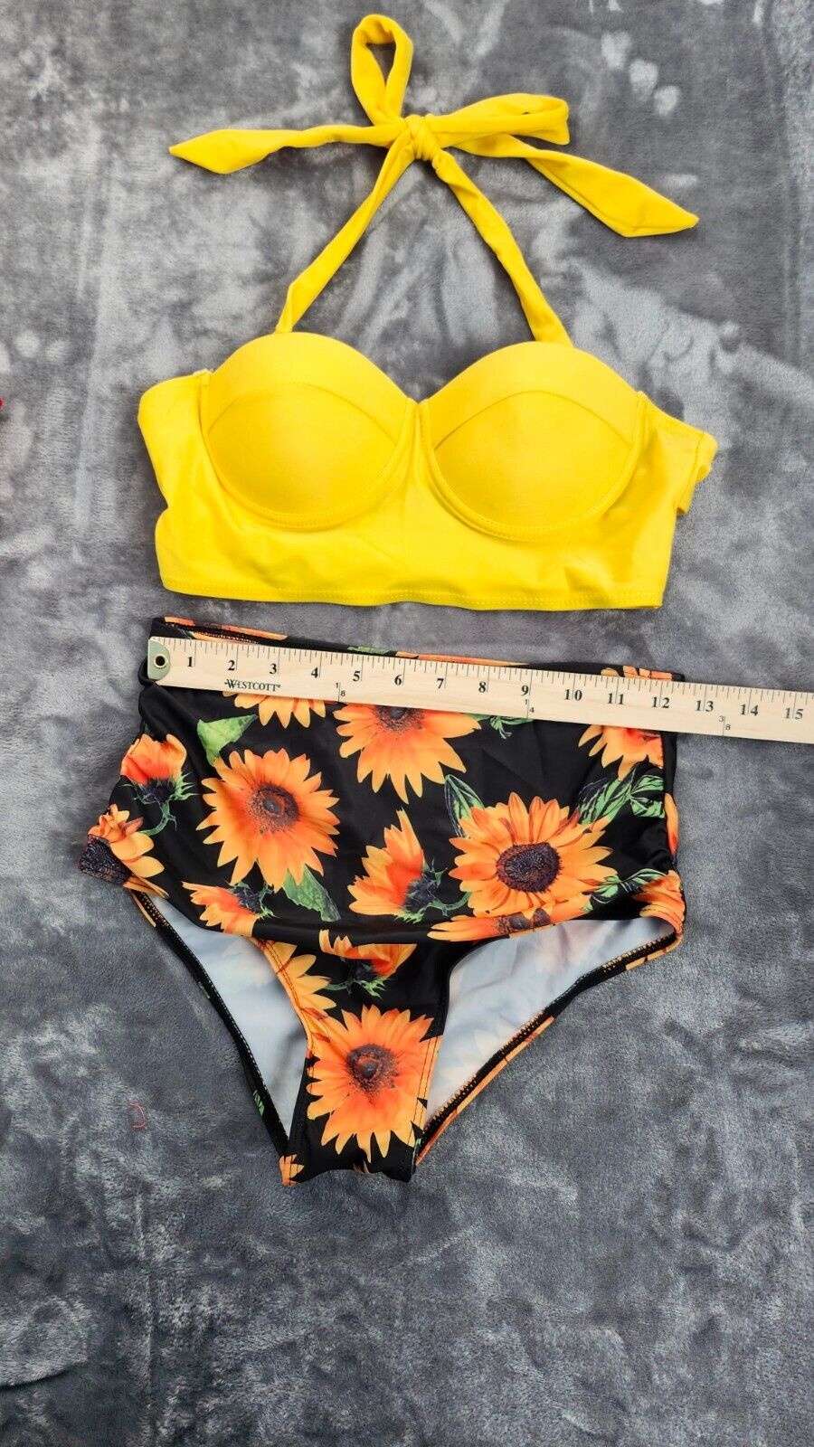 Women 2 Pcs Swimsuit High Waisted Floral Halter Bandage Bikini Set Yellow/BLK M