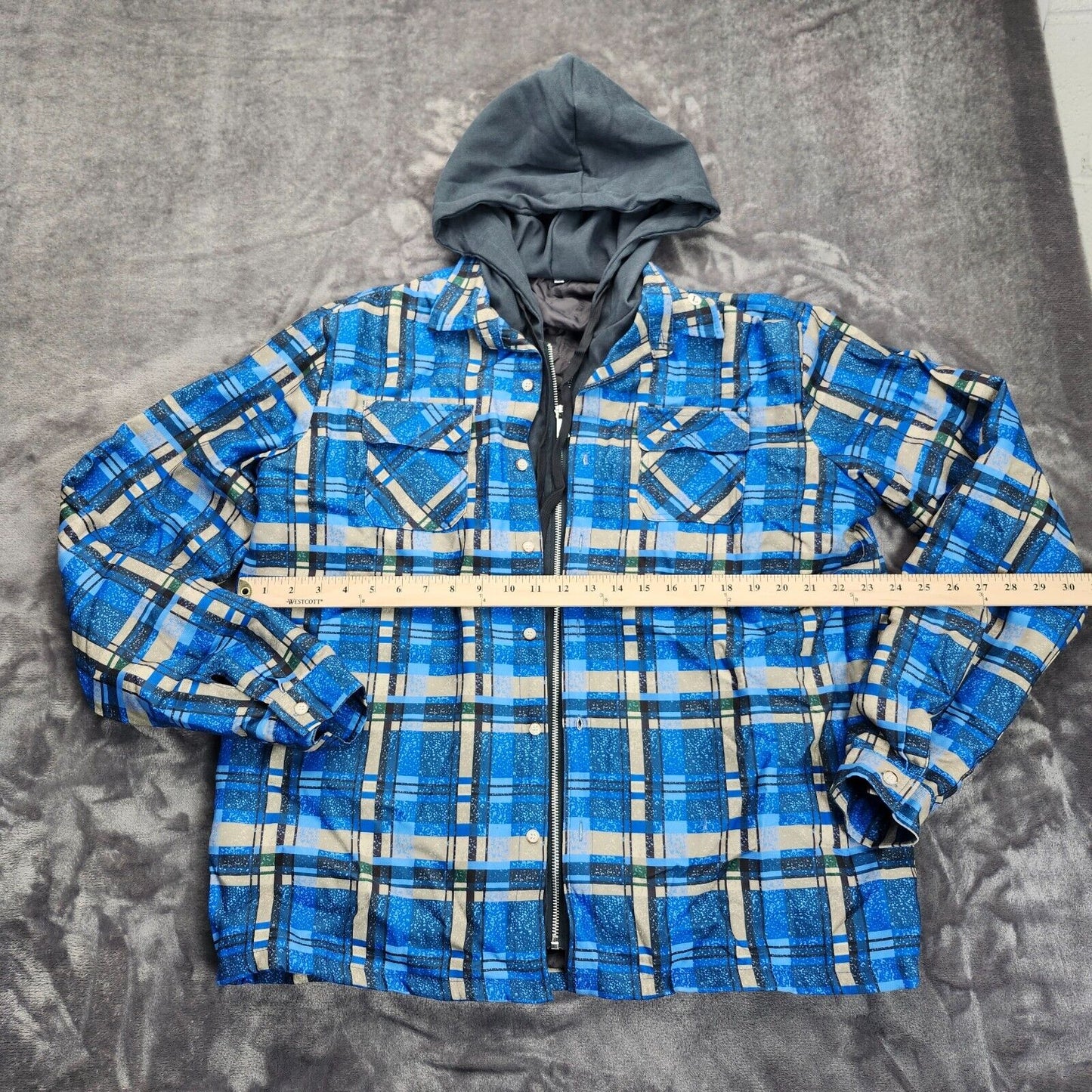 Men's Zip up Quilted Lined Button Down Plaid Jacket with Hood Blue L