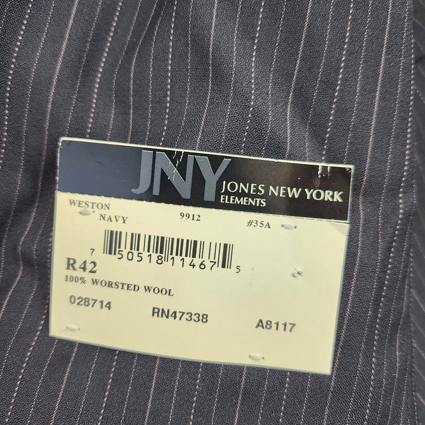 JNY Jones New York 100% Wool Form Function Fit Men's Suit Jacket 42 Regular