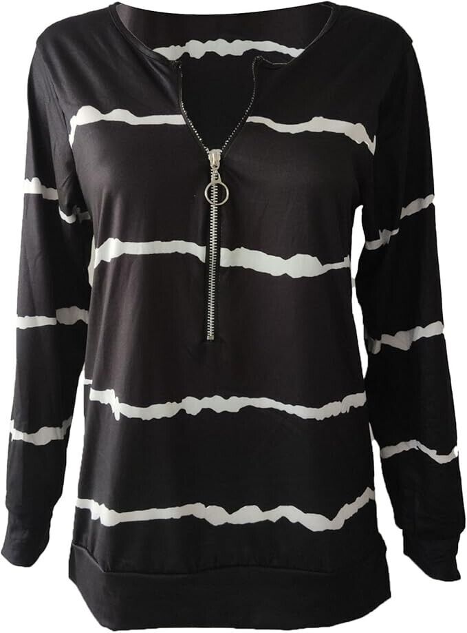 Women's Long Sleeve V-neck Zipper Blouse with Stripes 2XL