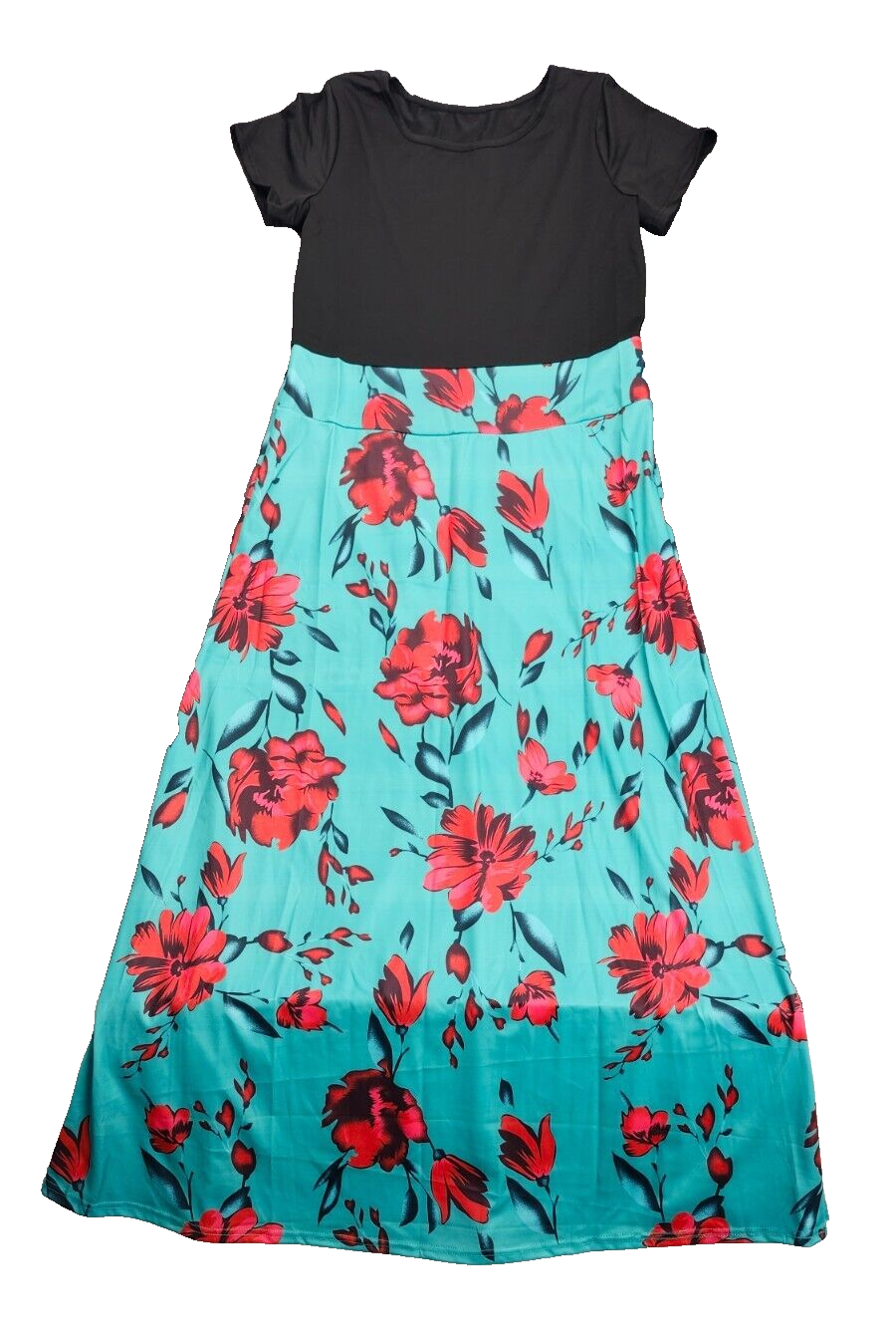 Women Floral Print Color Block Round Neck Short Sleeve Maxi Dress XL