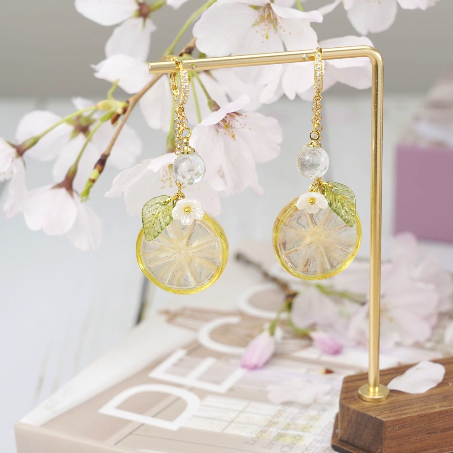 Lemon Kumquat Slice with White Flower Earrings | Citrus Resin Dangle Earrings