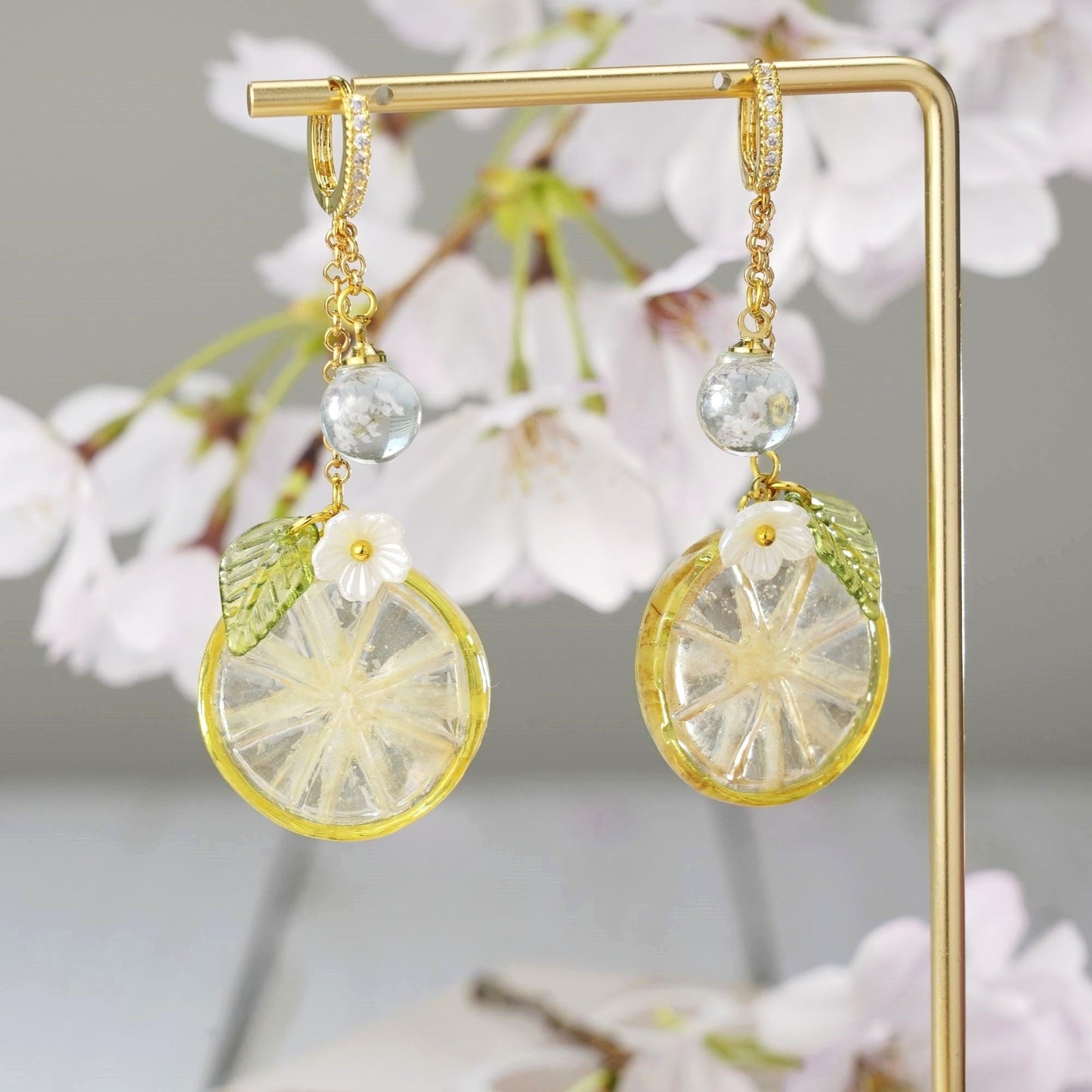 Lemon Kumquat Slice with White Flower Earrings | Citrus Resin Dangle Earrings