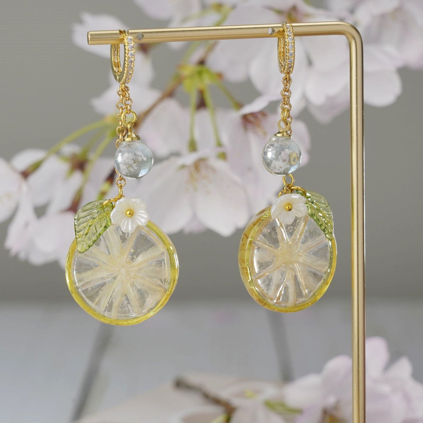 Lemon Kumquat Slice with White Flower Earrings | Citrus Resin Dangle Earrings