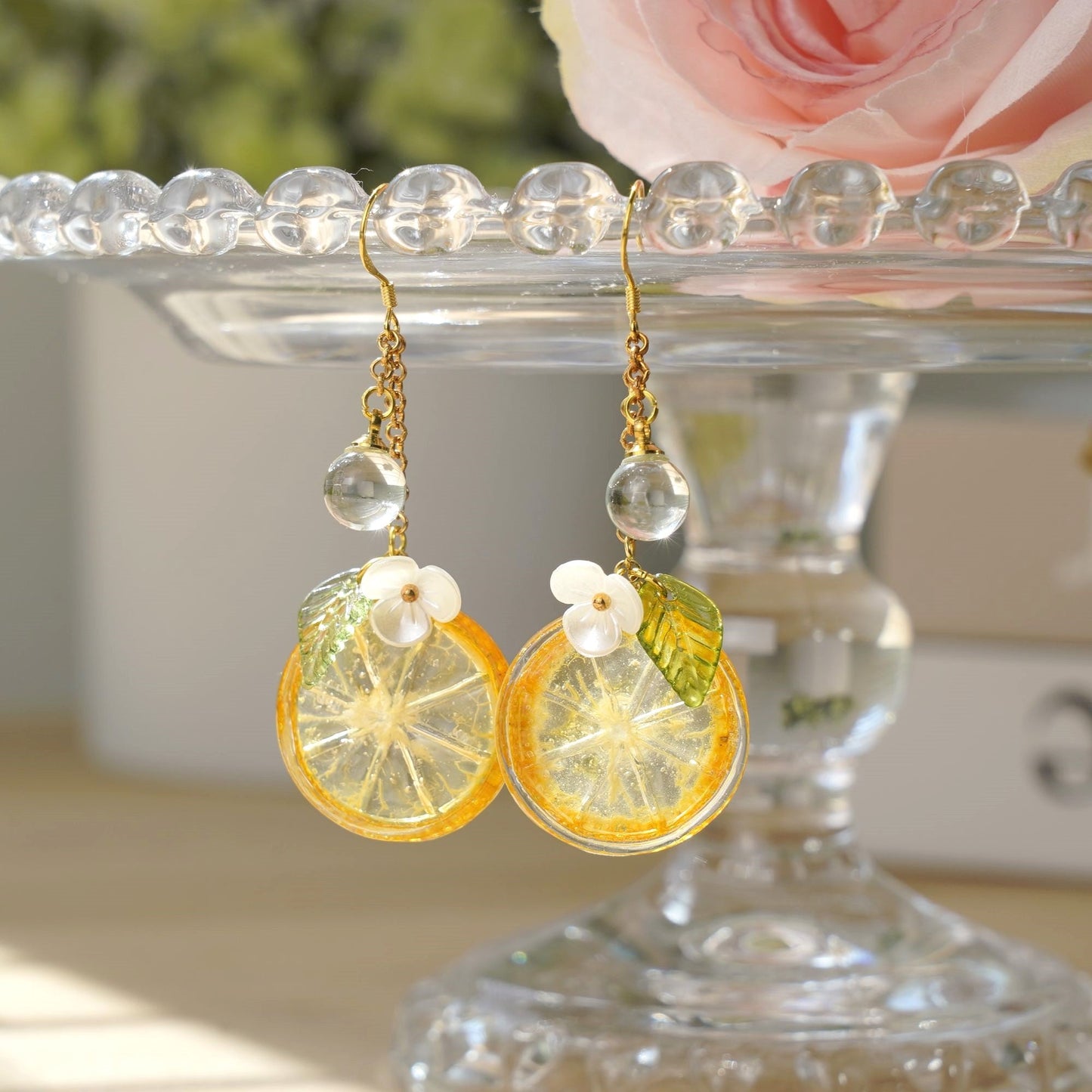 Lemon Kumquat Slice with White Flower Earrings | Citrus Resin Dangle Earrings