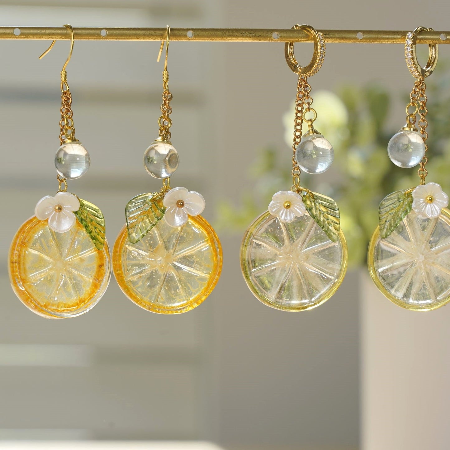 Lemon Kumquat Slice with White Flower Earrings | Citrus Resin Dangle Earrings