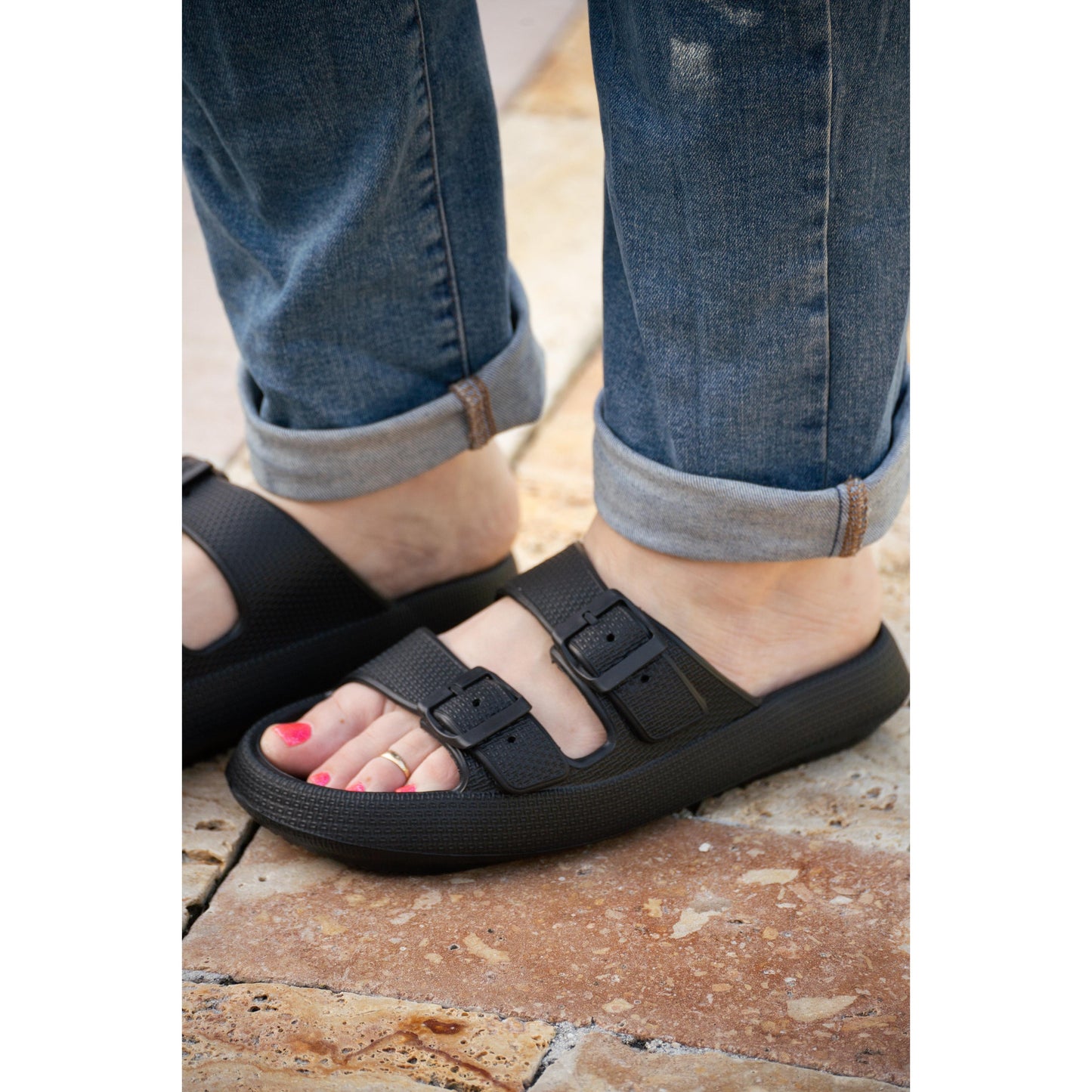 Black Buckle Slides