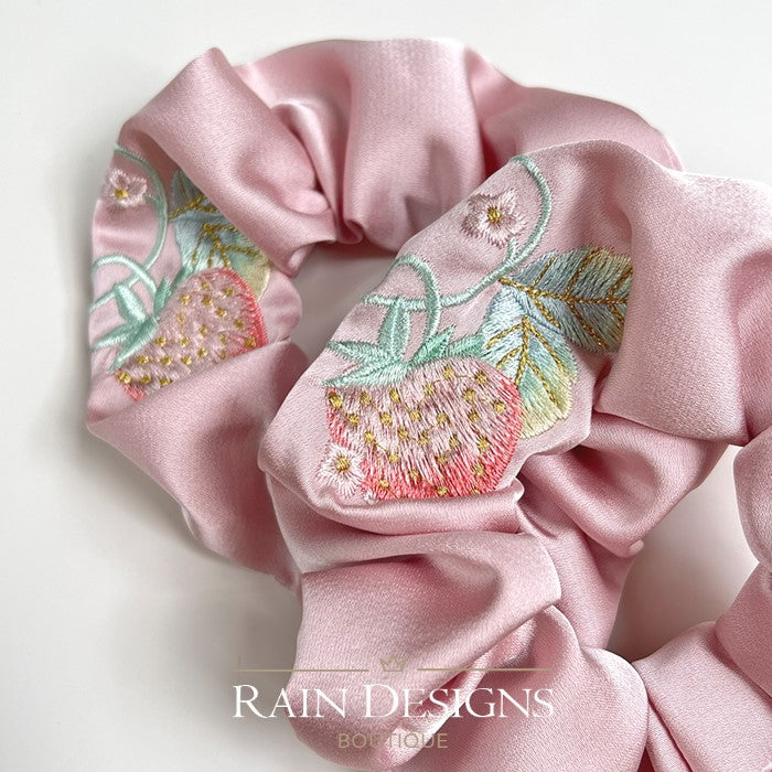 Strawberry Pattern Embroidered Scrunchies