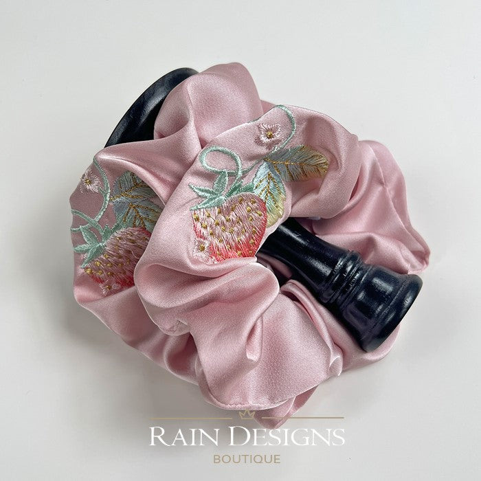 Strawberry Pattern Embroidered Scrunchies