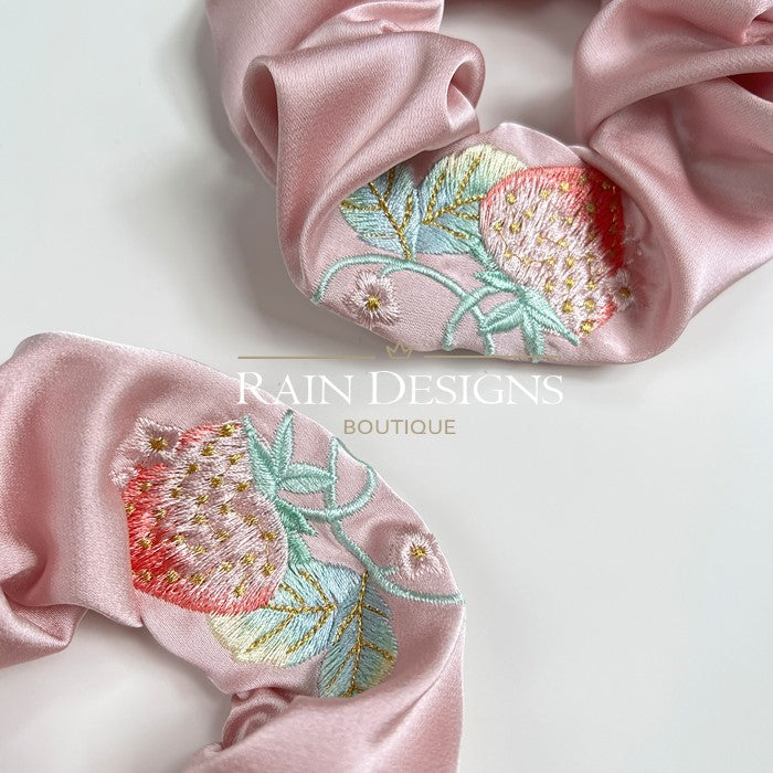 Strawberry Pattern Embroidered Scrunchies