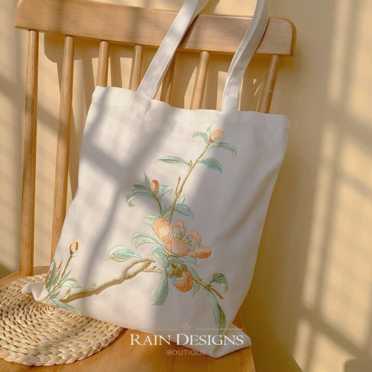 Peach Blossom Embroidery Tote Bag