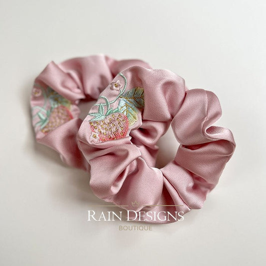Strawberry Silk Embroidered Scrunchies