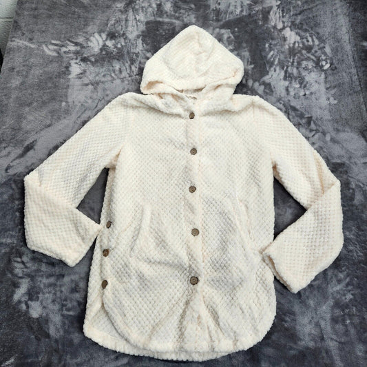 Women's Fleece Sherpa Coat Fuzzy Fleece Button Down Long Sleeve Hooded Winter L
