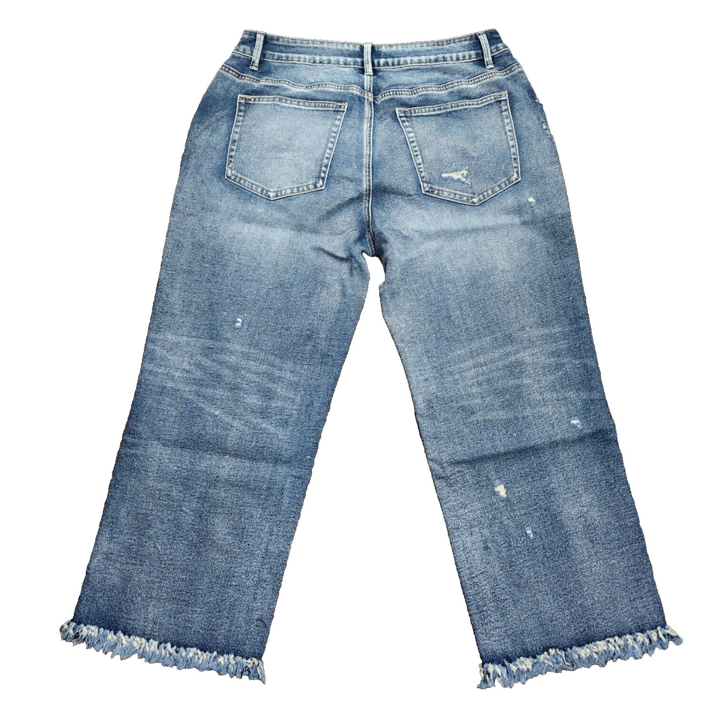 Flamingals Women's High Waist Straight Raw Hem Capri Blue Jeans Size XL
