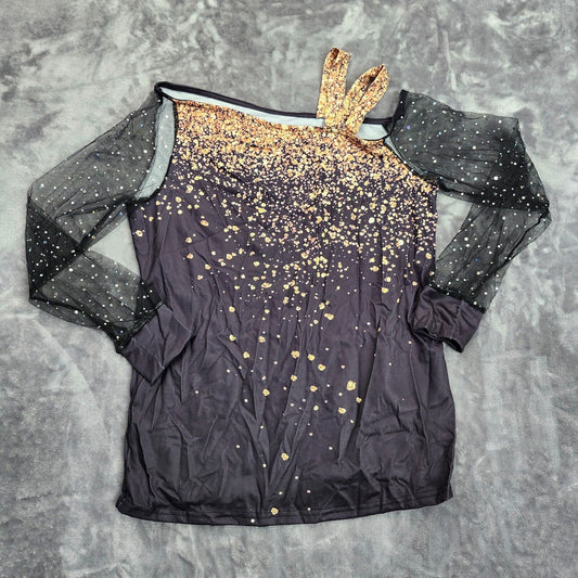 Womens Tops Sequin Print Mesh Long Sleeve Cold Shoulder Small