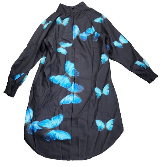Women's Fall Dresses Cotton Linen Pleated Butterfly Printed Long Sleeve L