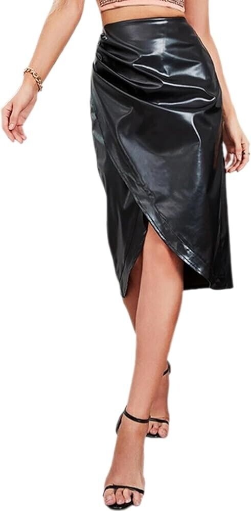 MICAS Womens High Waist Asymmetric Split Faux Leather Midi Skirt Medium