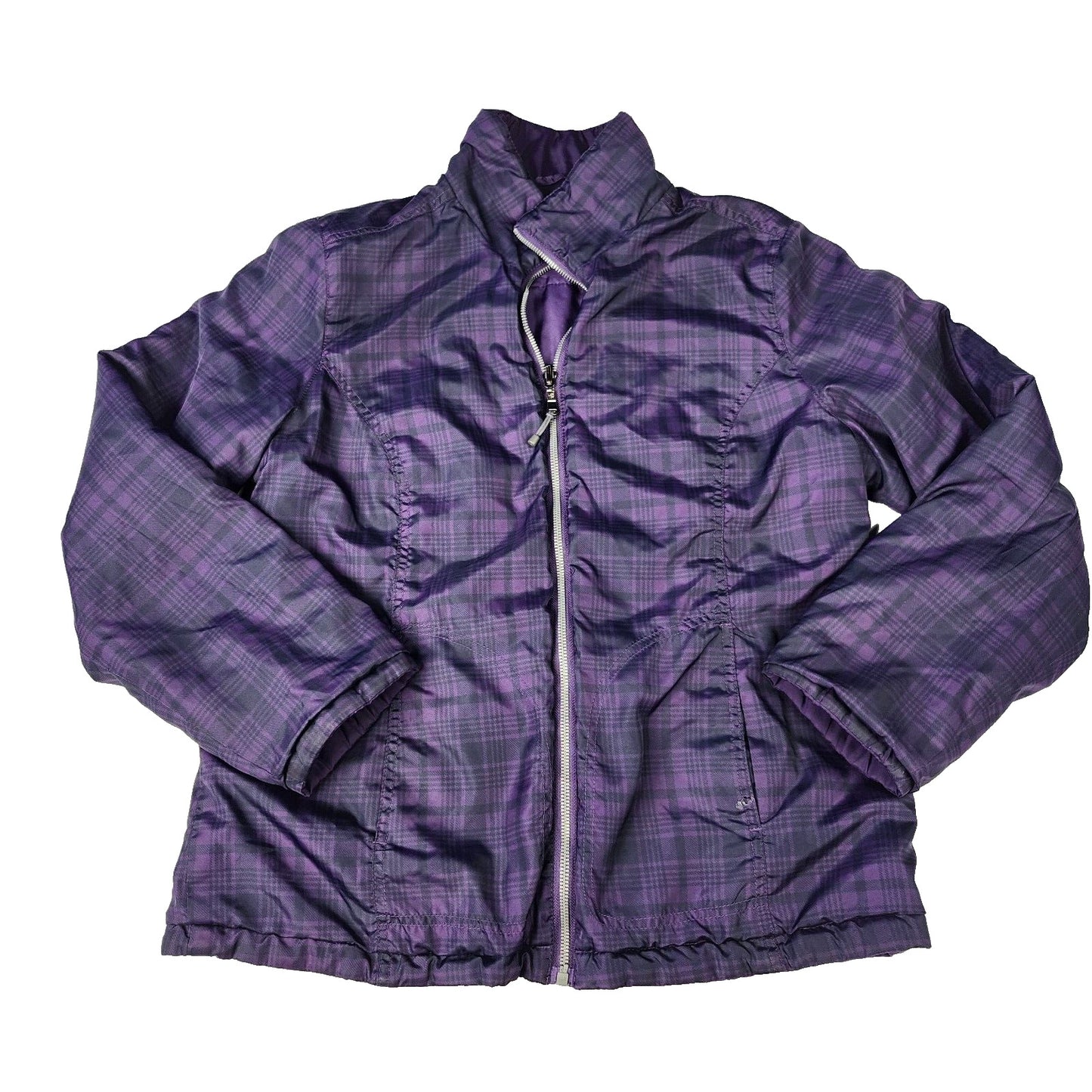 st johns bay womens reversible jacket purple solid/plaid size Medium