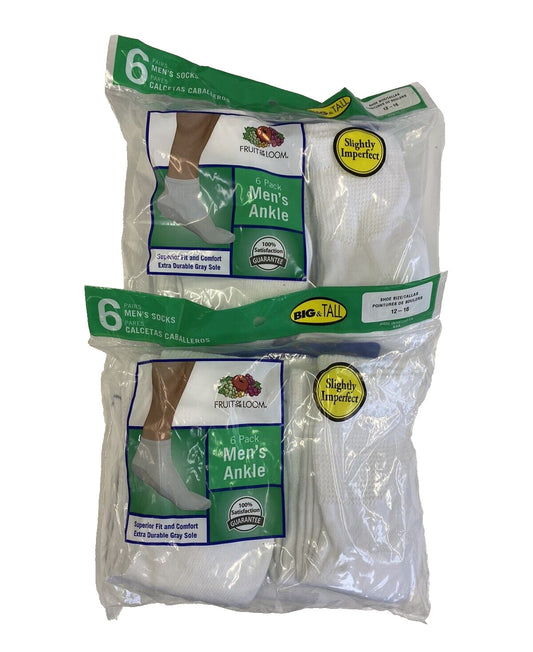 X2 Fruit of the Loom 6 Pack Men's Ankle White Socks Size 6-12 Slightly Imperfect