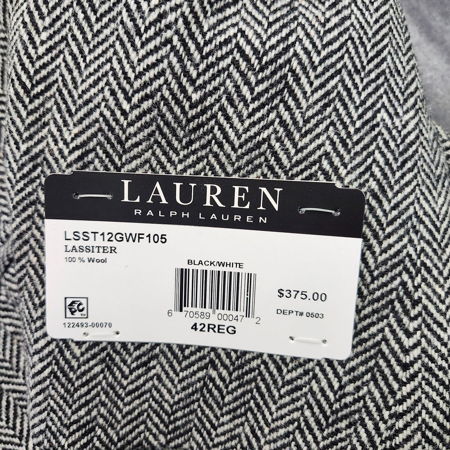 Lauren Ralph Lauren Classic-Fit Wool Suit Jacket Black/White Herringbone 42R NWT