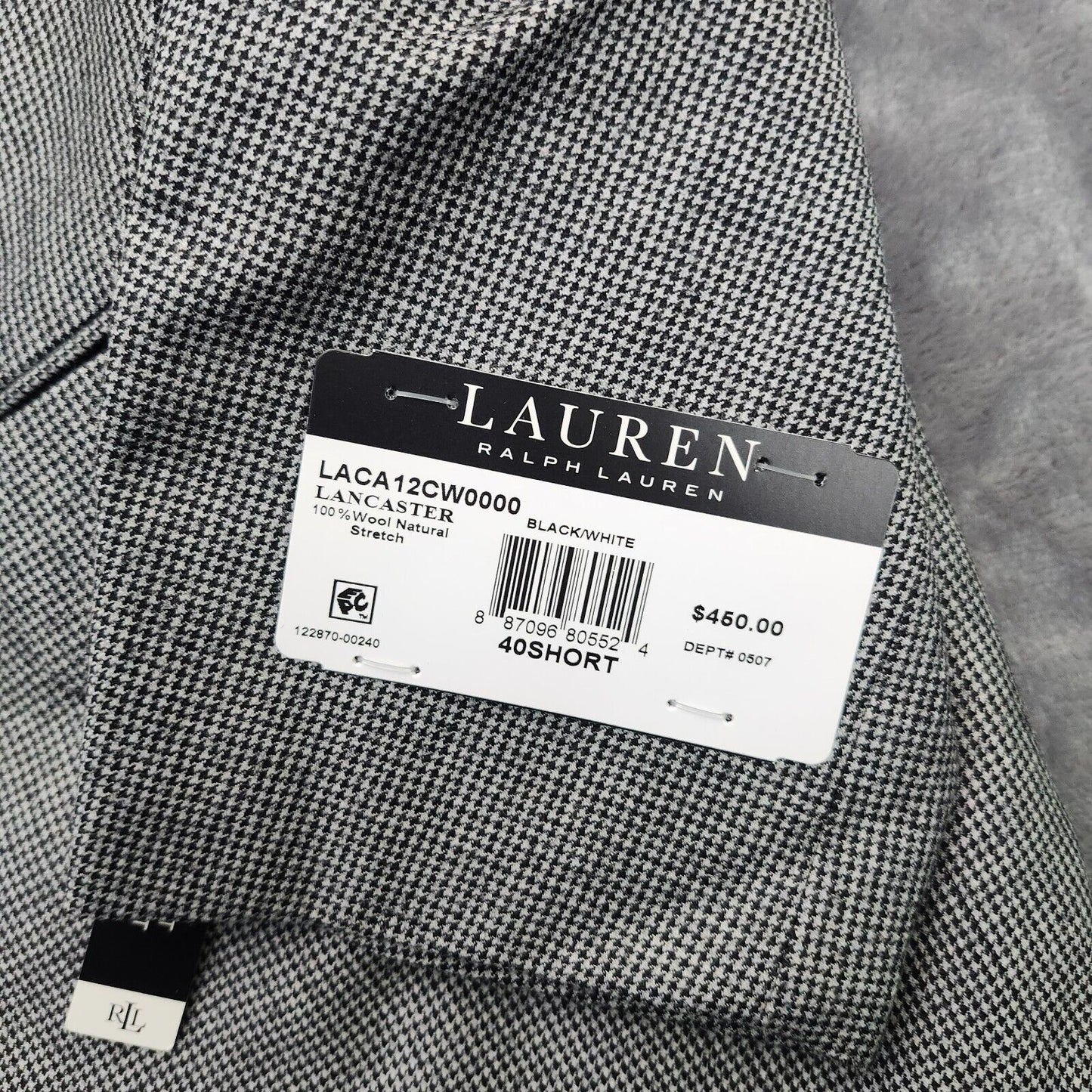 Lauren Ralph Lauren Classic-Fit Wool Suit Jacket Black/White Houndstooth 40S NWT