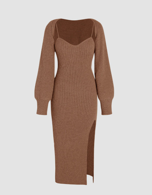 CIDER Womens Knit Solid Cami Split Midi Dress & Shrug Brown XL
