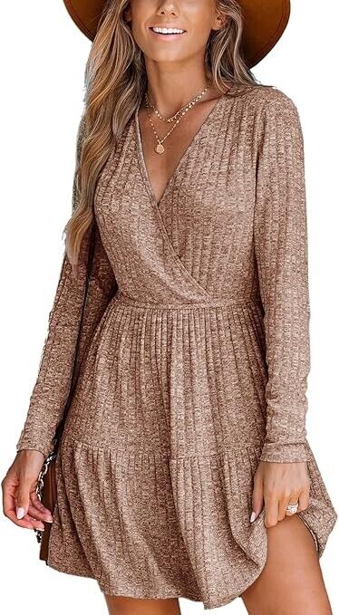CUPSHE Women's V Neck Knit Ruffled Hem  Sleeve A Line Dress Med