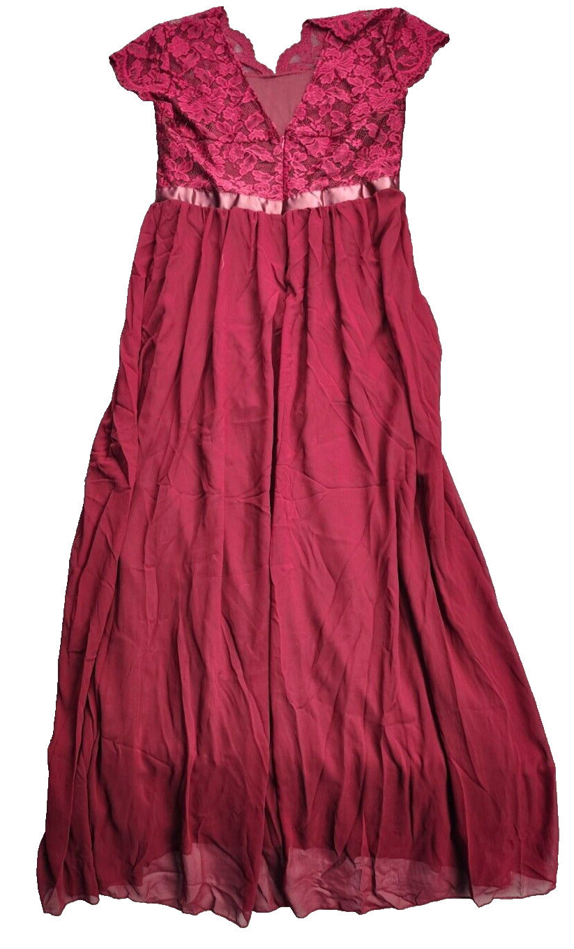 Lace Chiffon Dress Bridesmaid Evening Gown Crew Neck Long Maxi Dress (Red, XL)