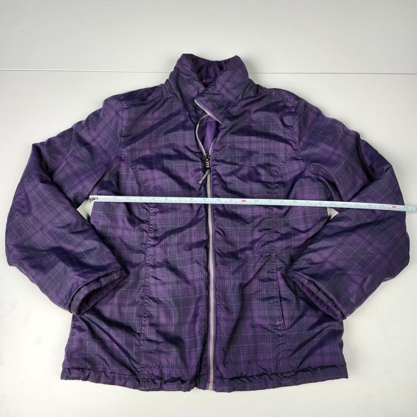 st johns bay womens reversible jacket purple solid/plaid size Medium