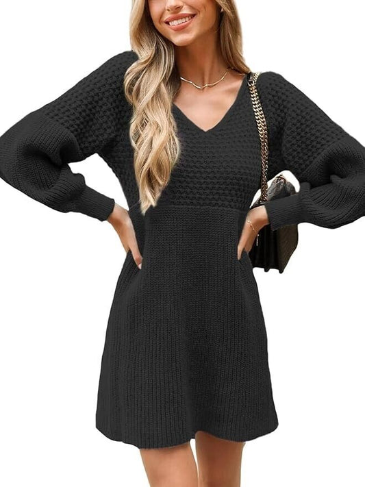 Sweater Dress V Neck Honeycomb Long Sleeve Textured Fall Knit Pullover Medium