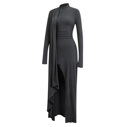 MICAS Womens Funnel Neck Wrap Ruched Long Sleeve Slit Maxi Dress Medium