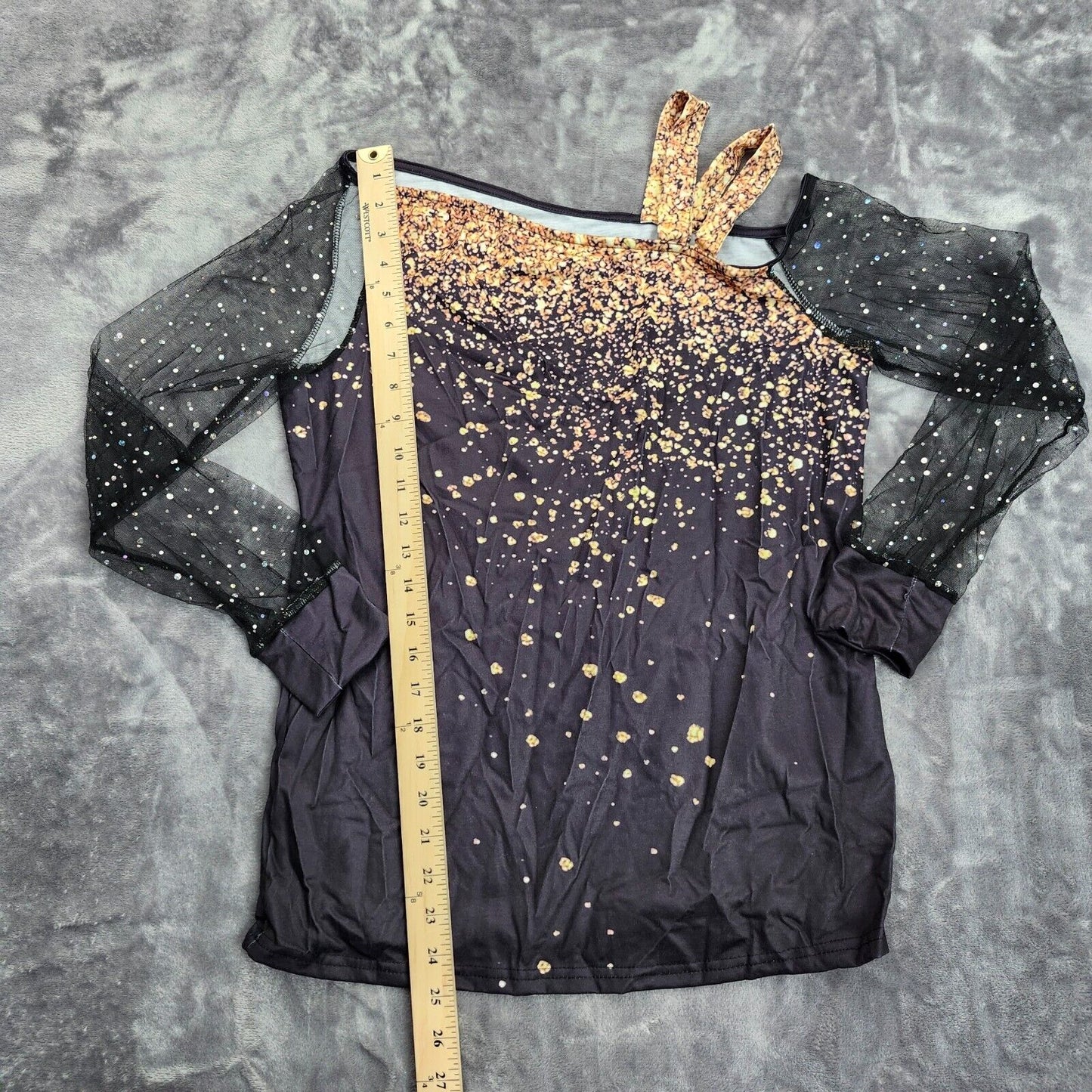 Womens Tops Sequin Print Mesh Long Sleeve Cold Shoulder Small