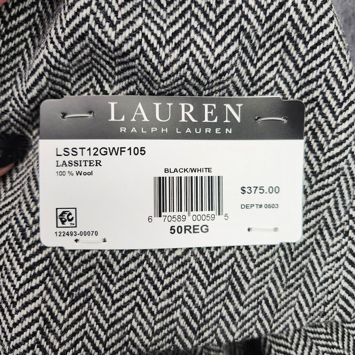 Lauren Ralph Lauren Classic-Fit Wool Suit Jacket Black/White Herringbone 50R NWT