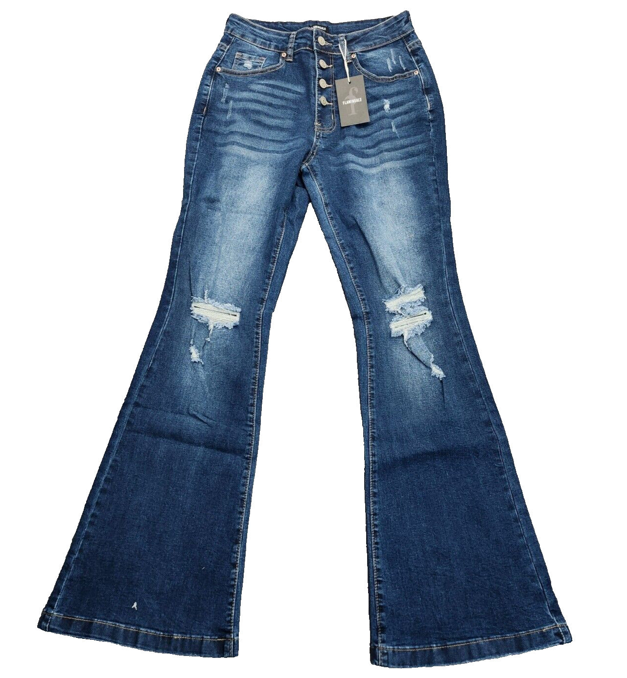 Flamingals Womens High Rise Button up Distressed Flared Denim Jeans Small