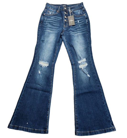 Flamingals Womens High Rise Button up Distressed Flared Denim Jeans Small