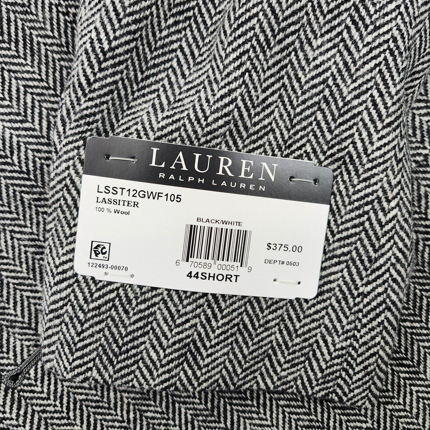 Lauren Ralph Lauren Classic-Fit Wool Suit Jacket Black/White Herringbone 44S NWT