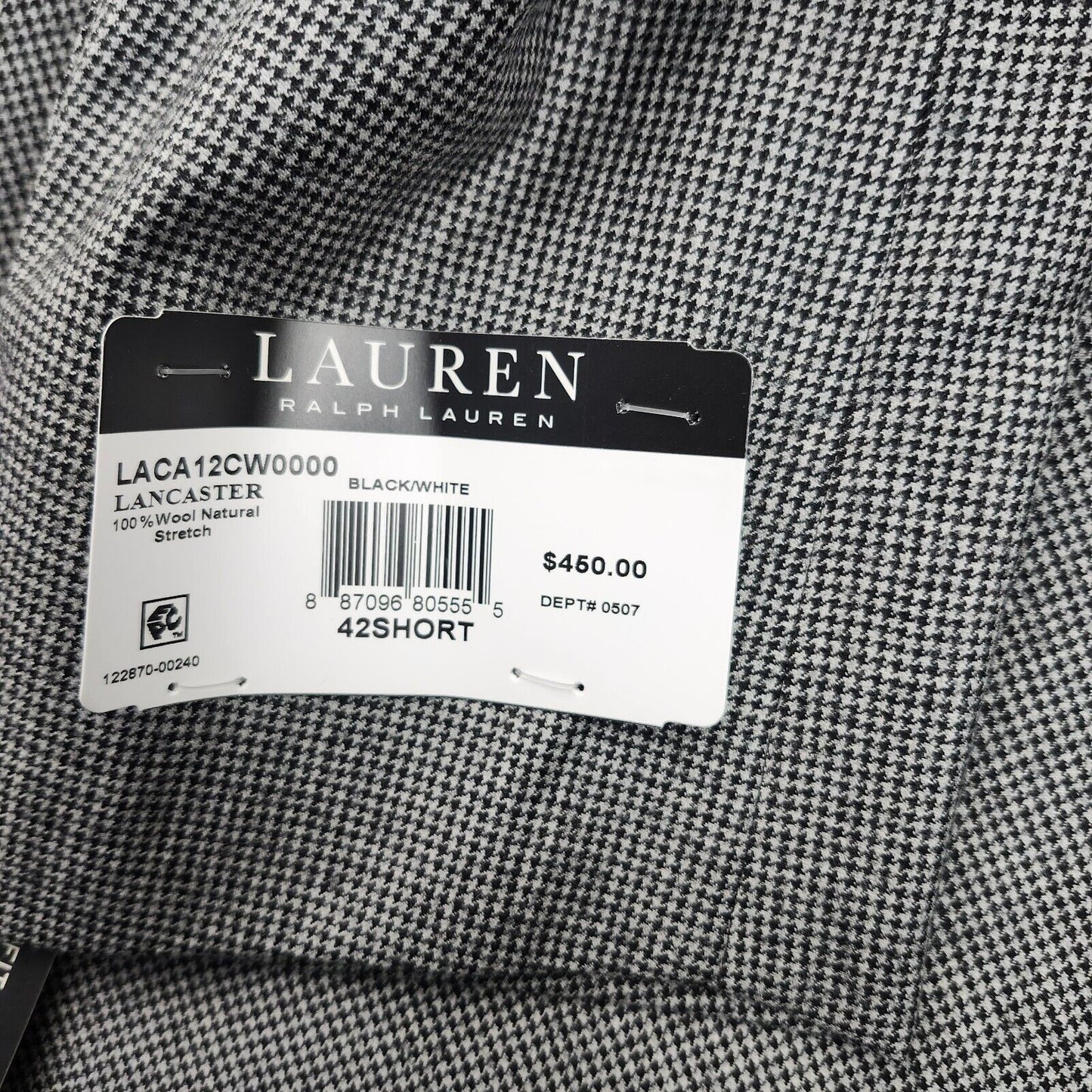 Lauren Ralph Lauren Classic-Fit Wool Suit Jacket Black/White Houndstooth 42S NWT