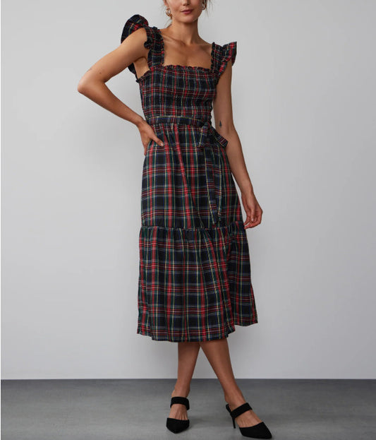 New York & Company Womens Ruffle Sleeve Tartan Smocked Dress sz Large