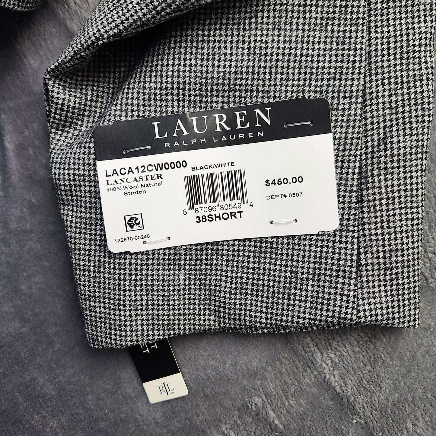 Lauren Ralph Lauren Classic-Fit Wool Suit Jacket Black/White Houndstooth 38S NWT