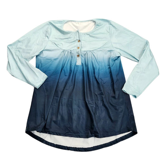 Women Gradient V-neck Long Sleeve Button Blouse Size Light Blue Large