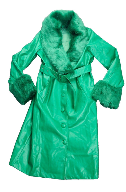 Finesse Bright Green Faux Fur Collar Trim Trench Coat XS