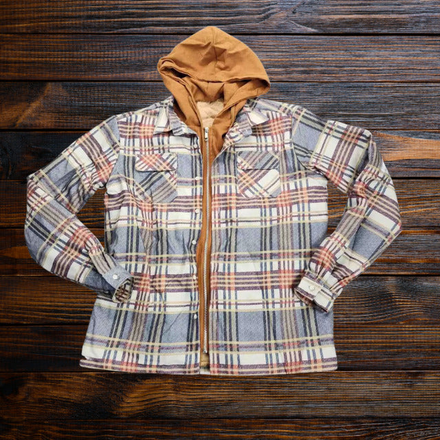Men's Zip up Quilted Lined Button Down Plaid Jacket with Hood 2XL