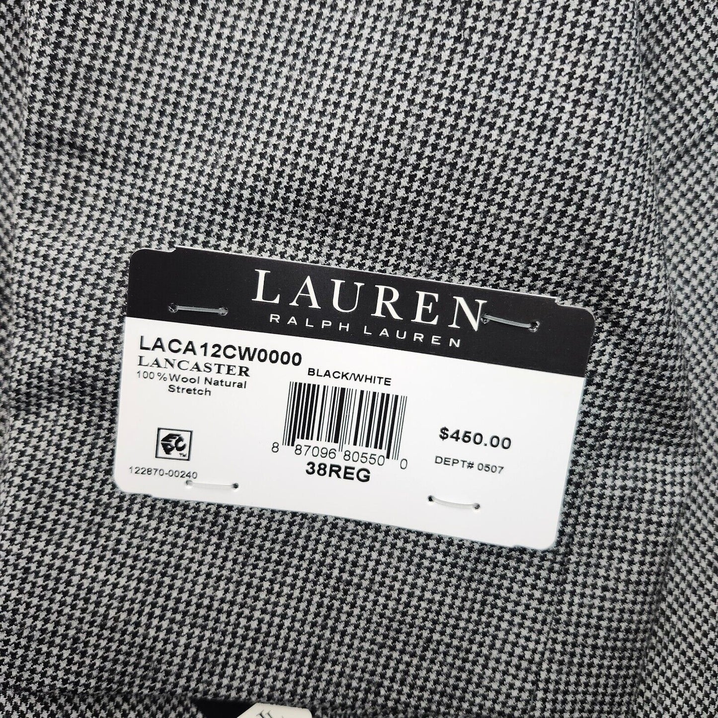 Lauren Ralph Lauren Classic-Fit Wool Suit Jacket Black/White Houndstooth 38R NWT