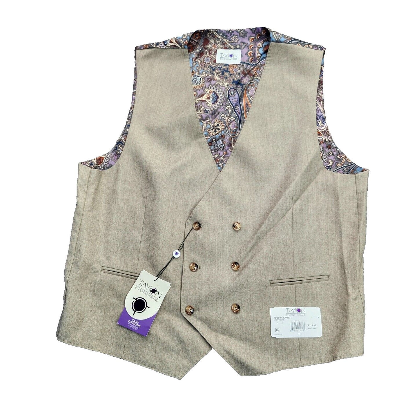 TAYION By Montee Holland Mens Tan Wool Blend Paisley Vest Pike Stitching Large