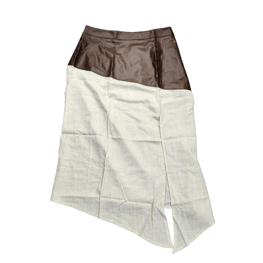 MICAS Contrast Brown Faux Leather And Linen Slit Asymmetrical Skirt XL