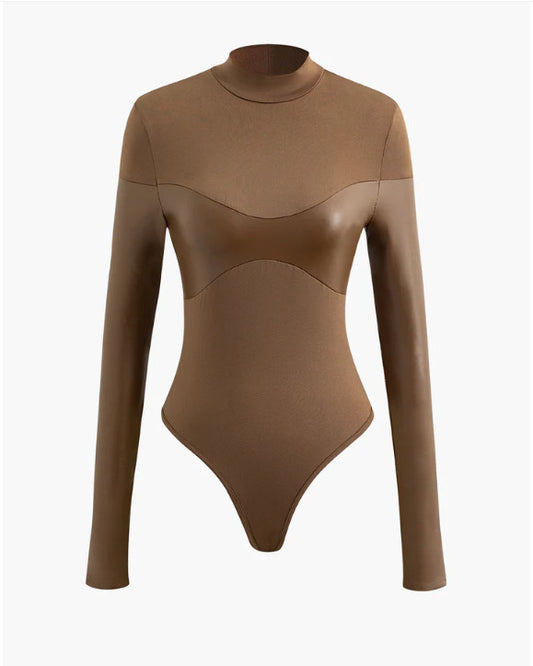 MICAS Mock Neck Faux Leather Paneled Long Sleeve Bodysuit Brown sz Large