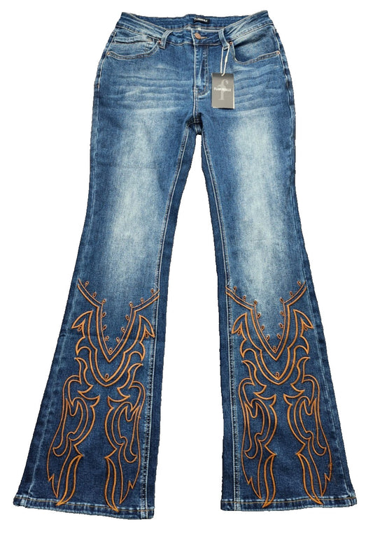 Flamingals faded blue denim flame embroidered Womens Medium