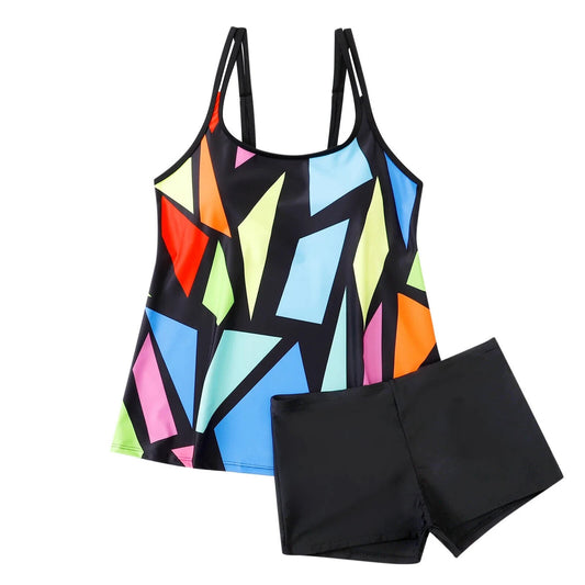 Printed Halter Tummy Control Tops with Shorts 2 Piece Tankini Swimsuit XL